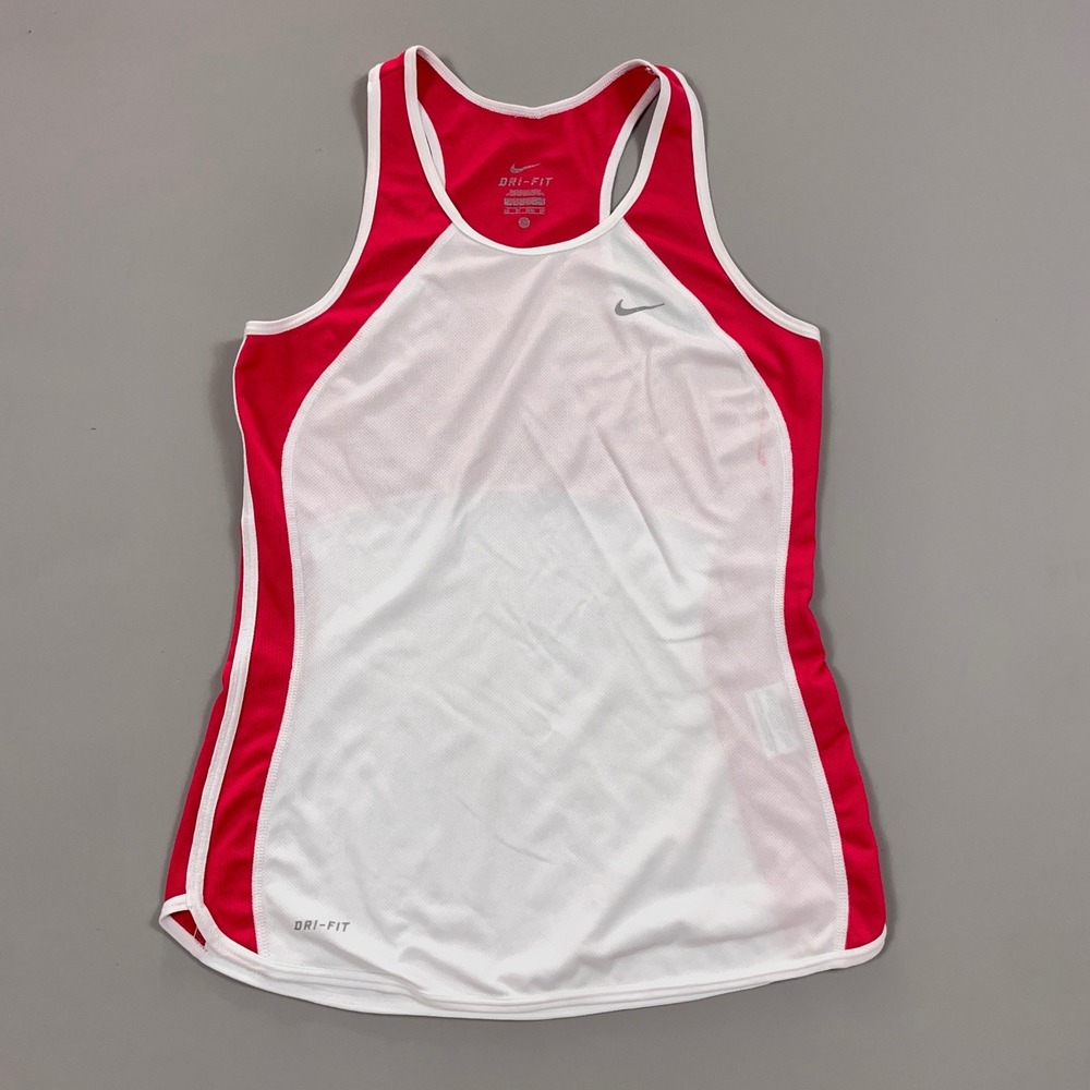 Nike Dri-FIT Womens Racerback Running Tank Top White Red Athletic Training XS